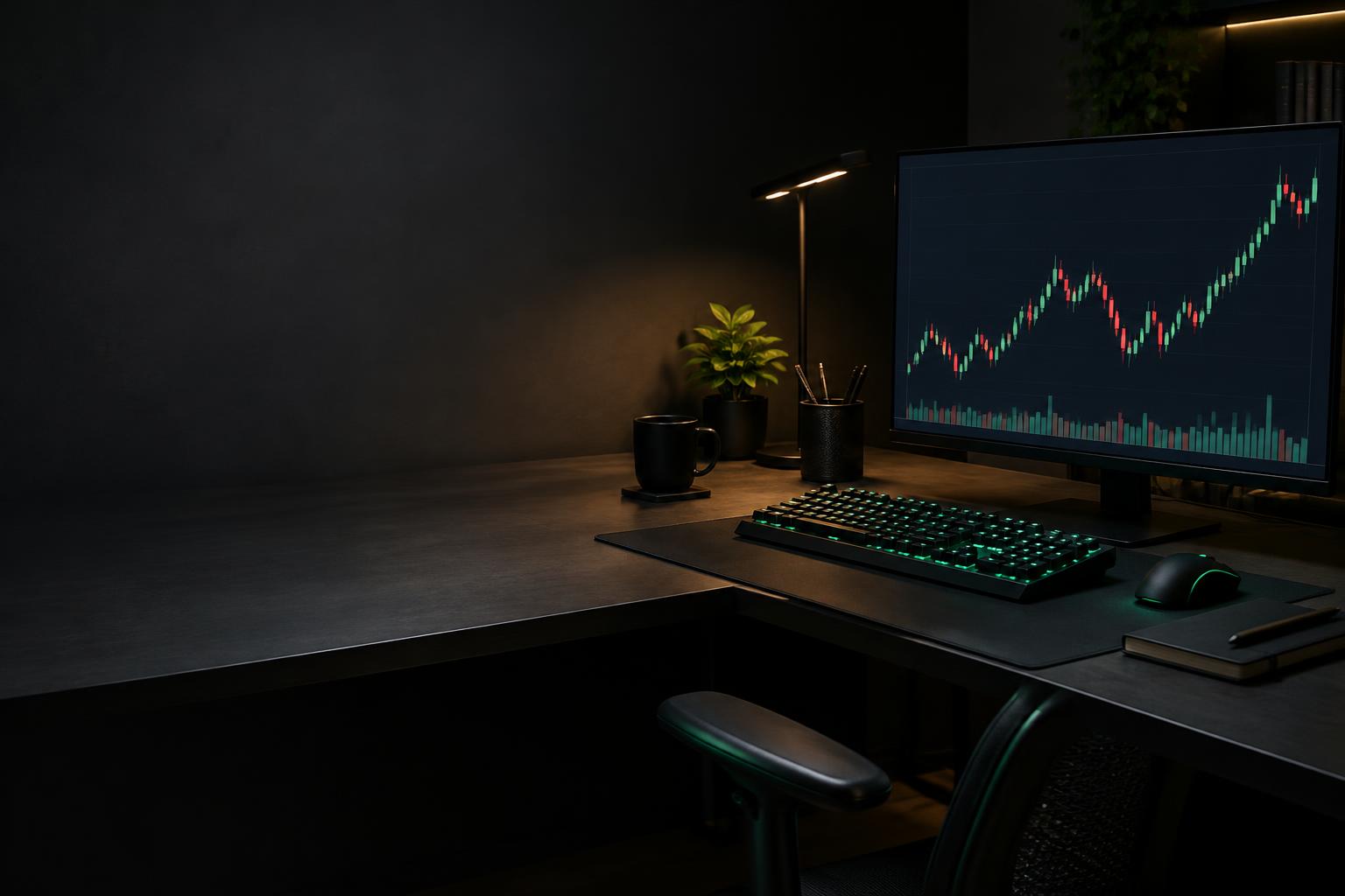 Computador com gráfico de velas em ambiente de estudo
